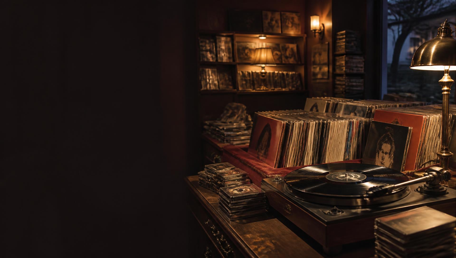 Turntable and physical music inside a warm independent record store